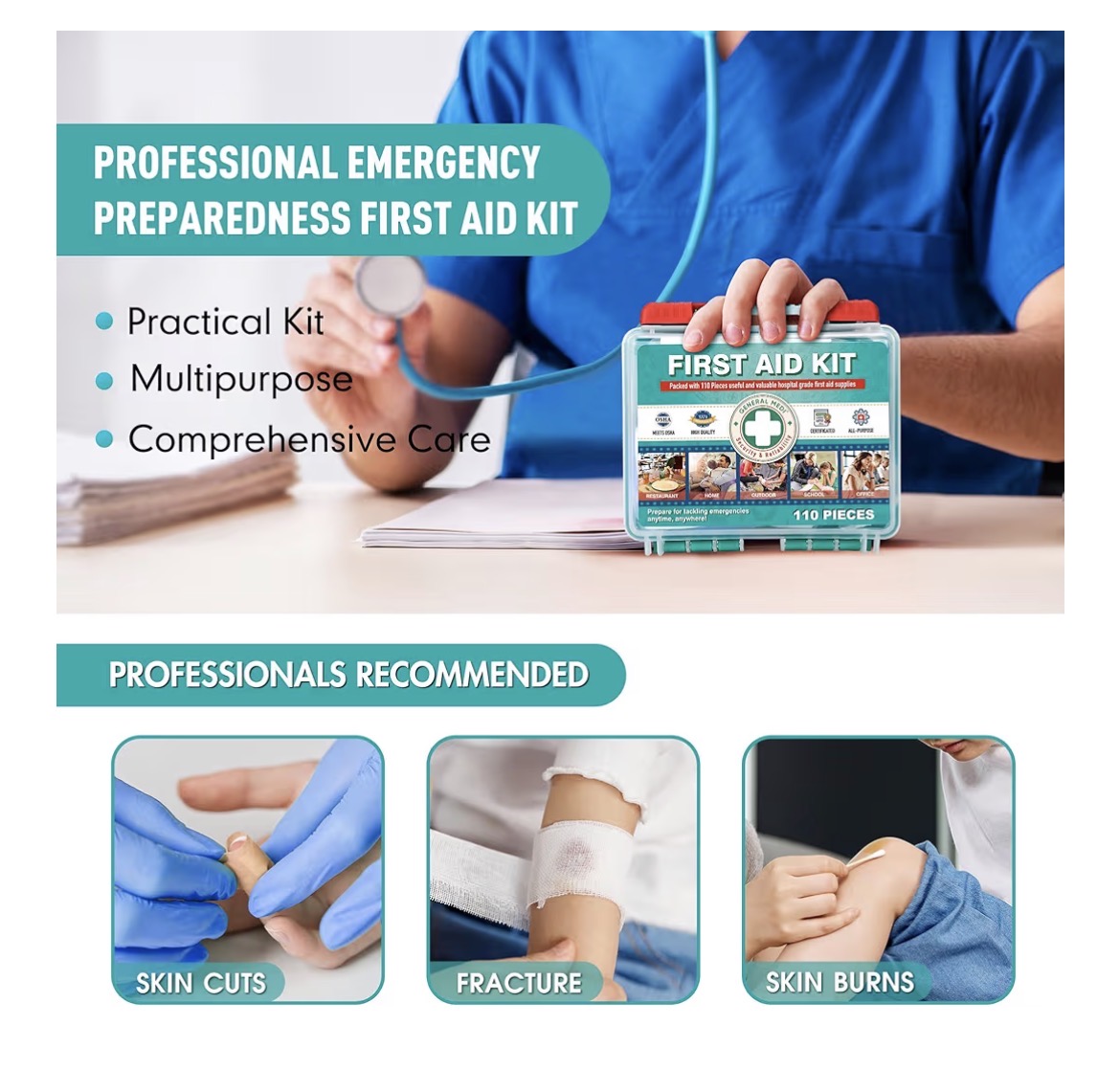 110 Piece First Aid Kit - Hard Case
