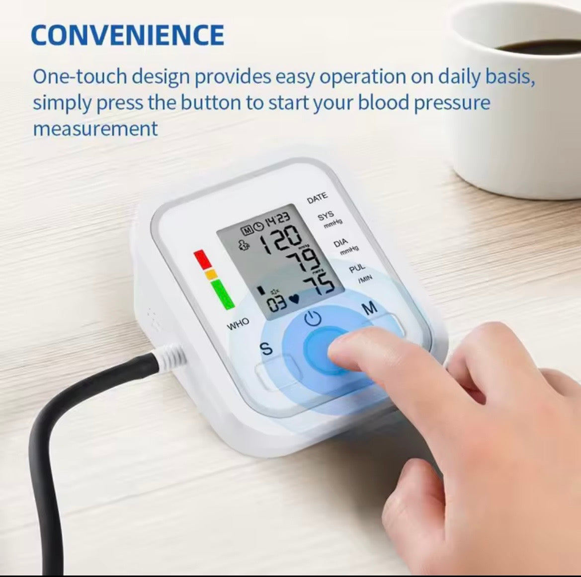 Electronic Upper Arm Blood Pressure Monitor with Voice Announcements - White & Blue