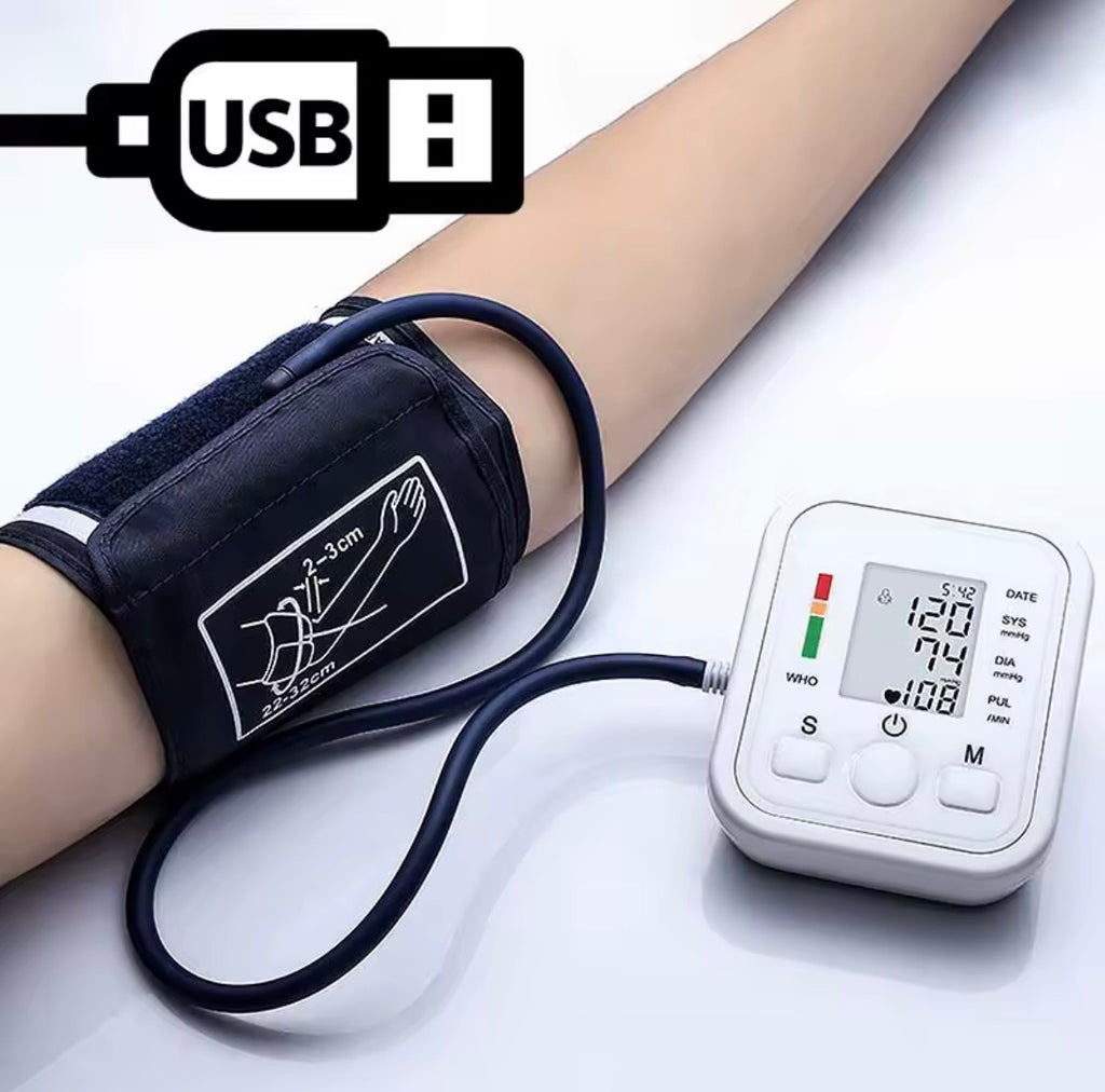 Electronic Upper Arm Blood Pressure Monitor with Voice Announcements - White & Blue