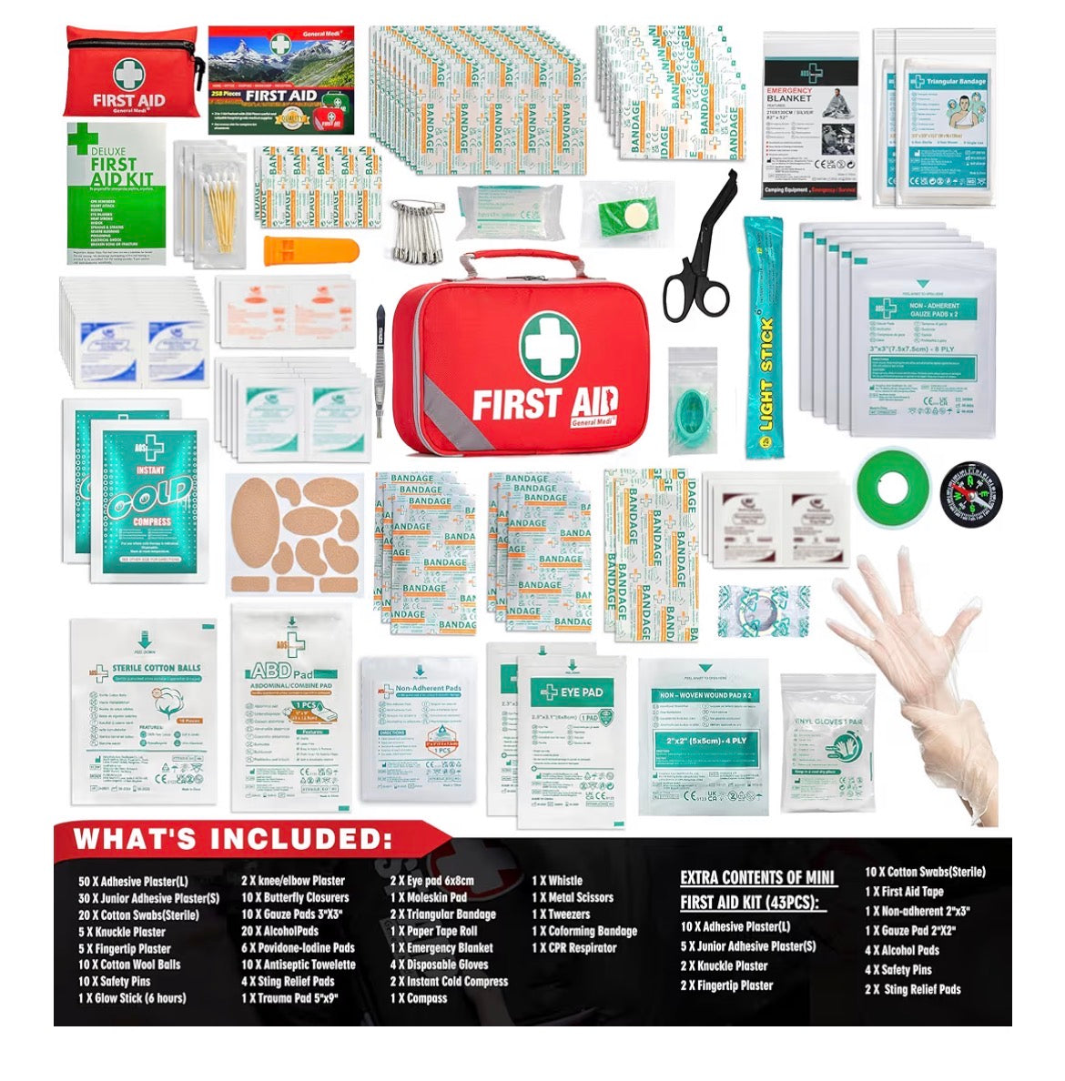 215 Piece First Aid Kit with Bonus 43 Piece Mini Kit - Nylon Anti-Rip Cases