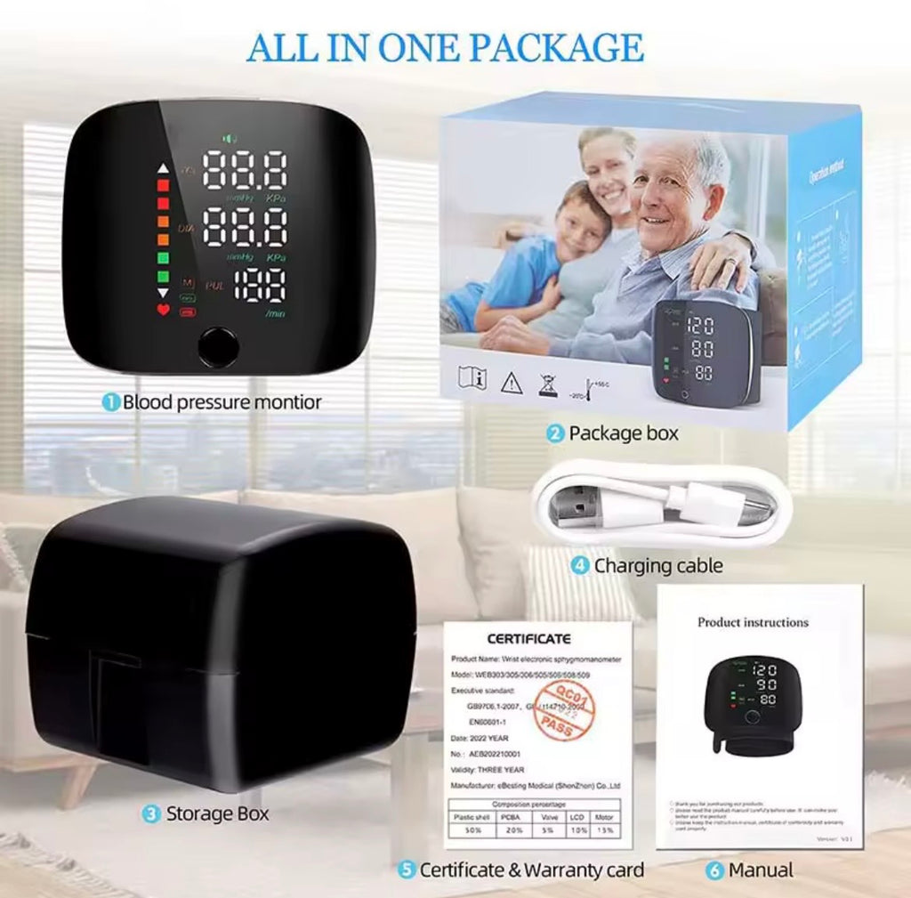 Electronic Wrist Blood Pressure Monitor with Voice Announcements - Black