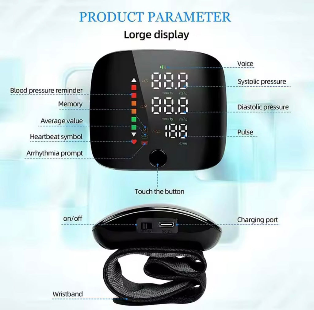 Electronic Wrist Blood Pressure Monitor with Voice Announcements - Black